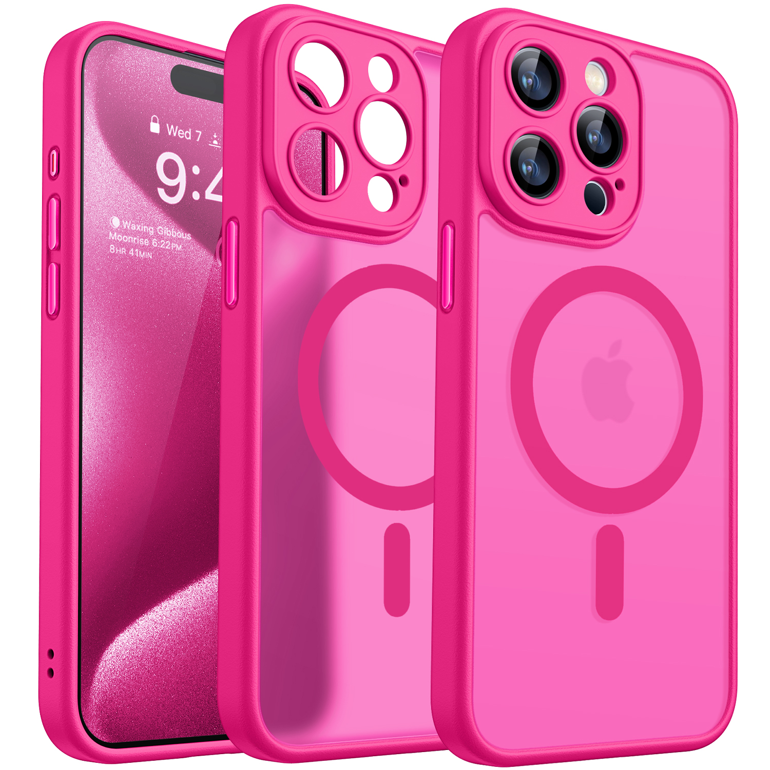 CANSHN Magnetic Compatible with iPhone 15 Pro Max Case, Upgraded [Full Camera Protection] [Compatible with Magsafe] [Translucent Matte] Shockproof Protective Phone Case Cover 6.7 Inch - Hot Pink
