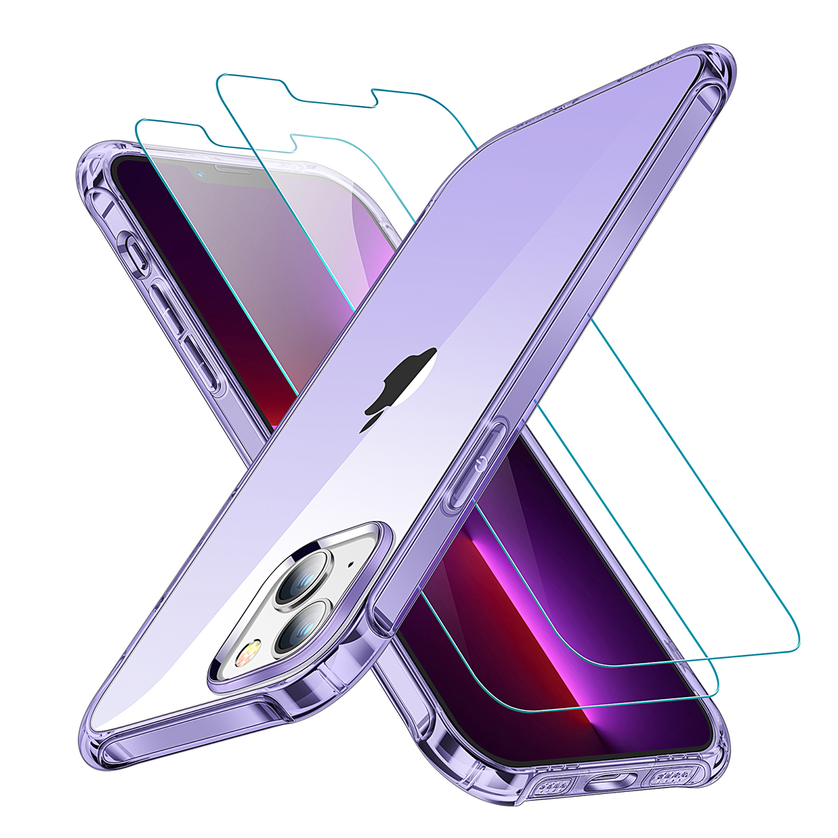 CANSHN Compatible with iPhone 13 Case, [2 x Tempered Glass Screen Protector] [360 Full Body Protection] Shockproof Protective Phone Case Slim Thin Cover 6.1 inch 2021, Clear Purple