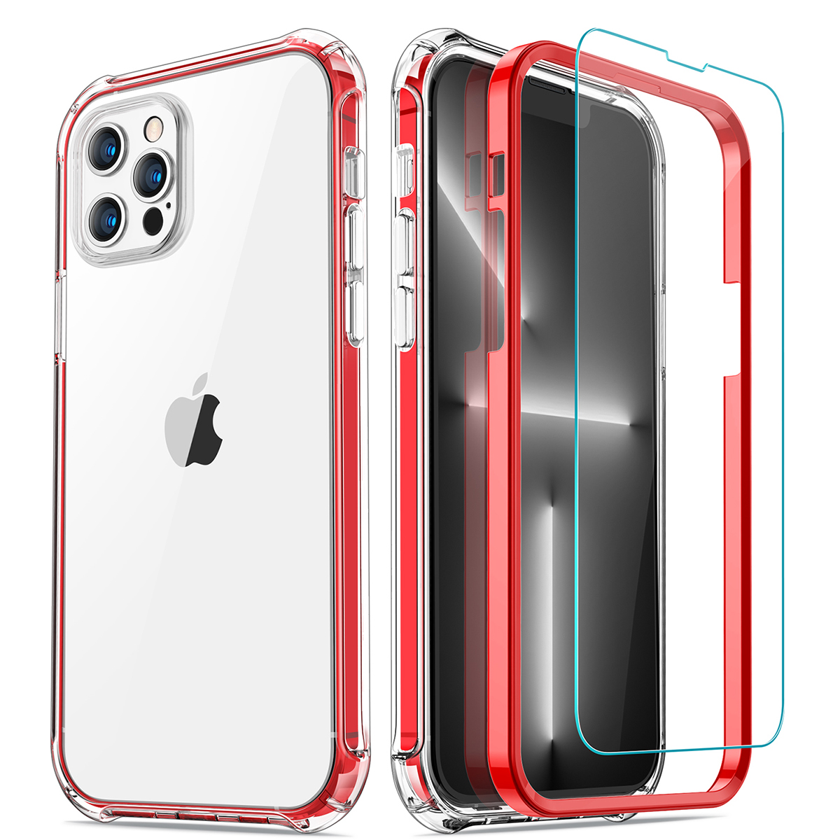 CANSHN Clear Shockproof Compatible with iPhone 13 Pro Case, [2 x Tempered Glass Screen Protector] [360 Full Body Protection] Heavy Duty Protection Phone Case Cover 6.1 inch 2021, Red
