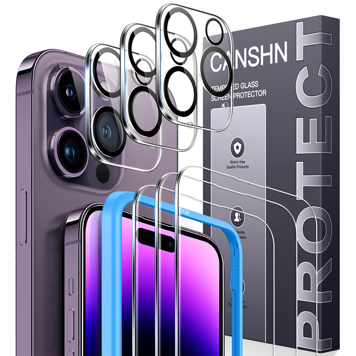 CANSHN [3+3 Pack] 3 Pack Screen Protector for iPhone 14 Pro and 3 Pack Camera Protector with Easy Installation Frame - Anti-Scratch - Case Friendly - HD Clear Film for iPhone 14 Pro 6.1 Inch